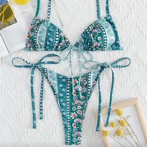 SHEIN Teal and White Floral Bikini